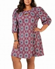 NY Collection Womens Plus Petite 3XP Wine Floral 3/4 Puff Sleeve Dress NWT AM31