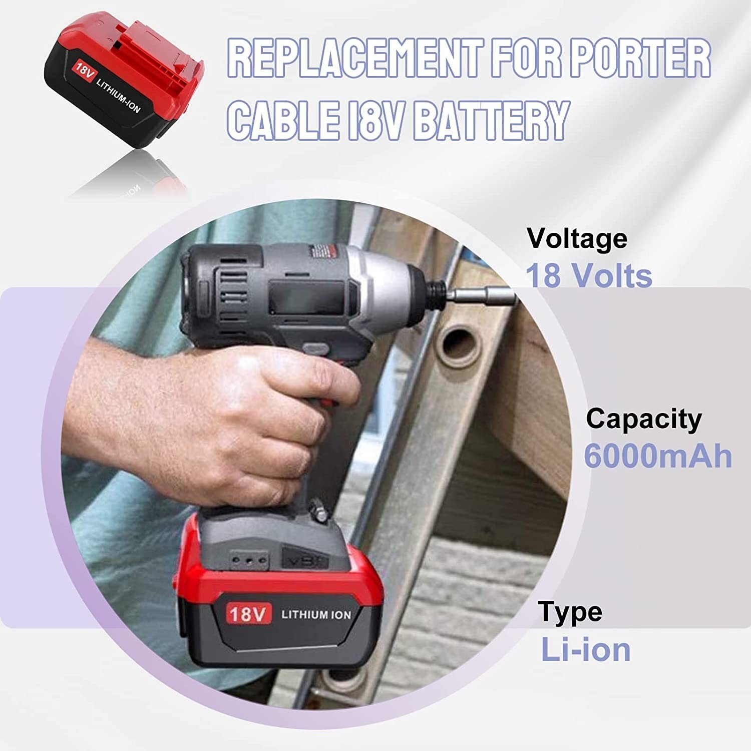 Pack 18 Volt 6.0Ah Lithium Battery for Porter Cable 18V PC18B PC18BLX