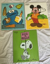 Vintage Playskool Wood Puzzles Lot of 3 Sesame Street, Mickey Mouse, Peanuts