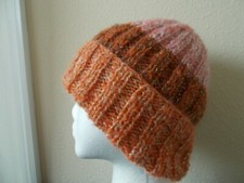 Hand knitted cozy and warm mohair blend hat, sparkly orange/brown/pink