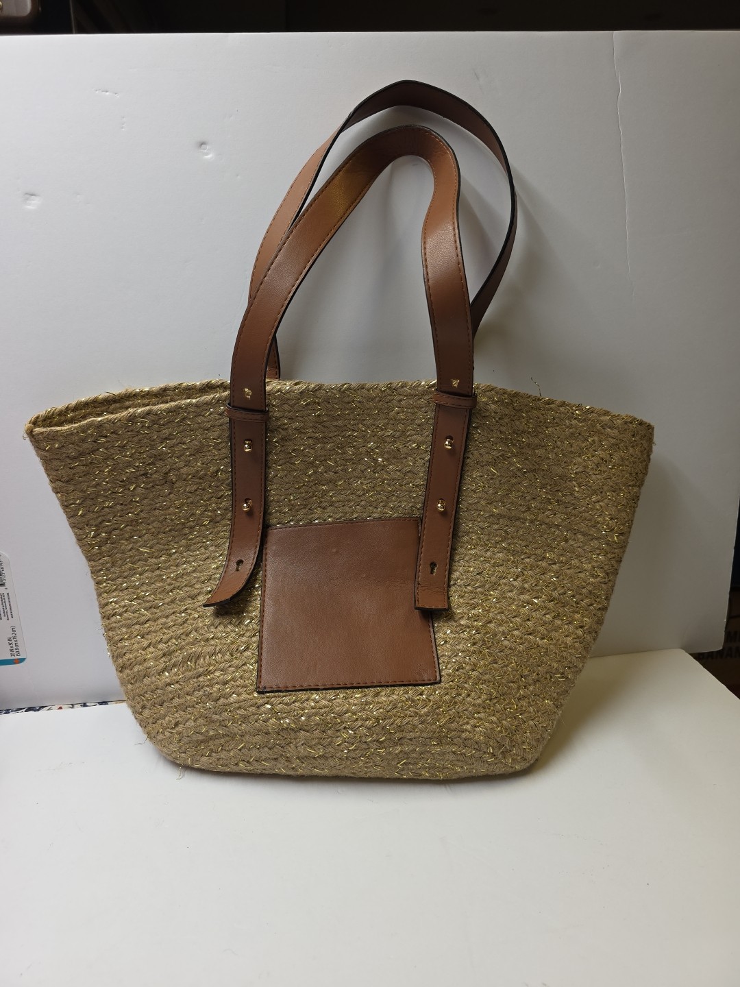 Large Woven Tote Bag Raffia Bucket Basket Faux Leather Pocket Gold Beach Party