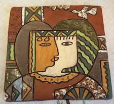 Art Pottery Terracotta Tile Hand Made Surrealist Style Abstract Design 7.5 X 7.5