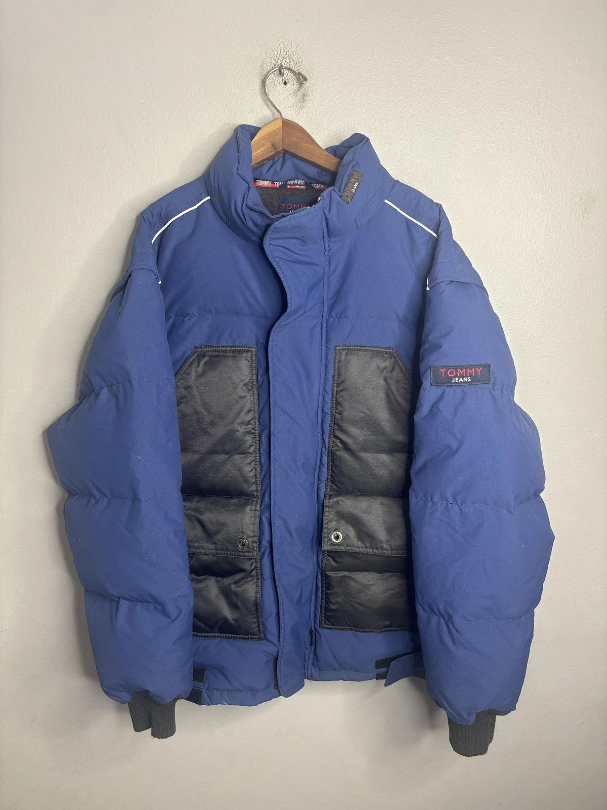 Tommy Jeans Jacket Mens XL Blue Black Puffer Coat Winter Zip Pockets Warm