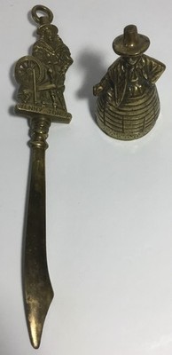 Vtg Brass Welsh Jenny Jones Table Bell & Welsh Spinning Wheel Letter Opener