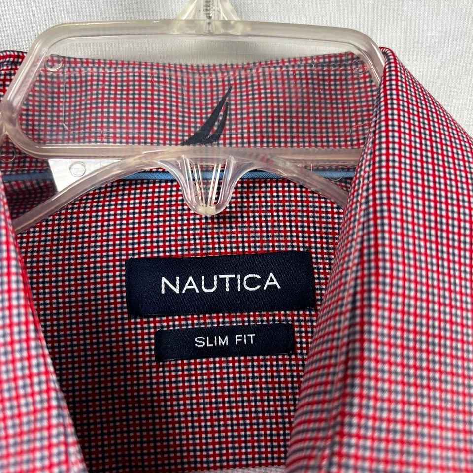 Nautica Super Shirt Mens 14 32-33 Slim Fit Red Plaid Stretch Wrinkle Free NEW - Image 3 of 4