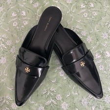 NEW Tory Burch Pointed Toe Black Patent Leather Mules 8.5 NIB with Dust Bag