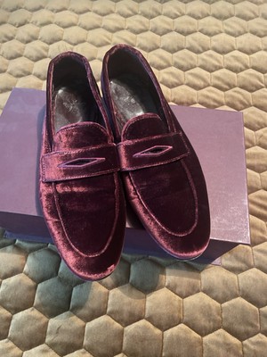 $895 Bougeotte Women's Burgundy Velvet Smoking Loafers Shoes Sz 37