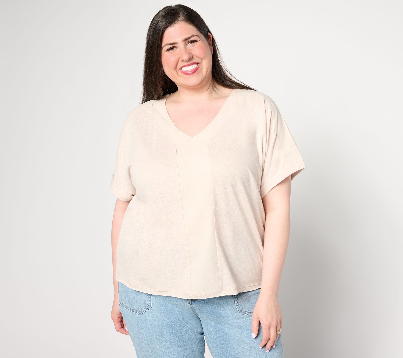 Peace Love World Women's Top Plus Sz 2X Boheme Mixed Media V-Neck White A648039