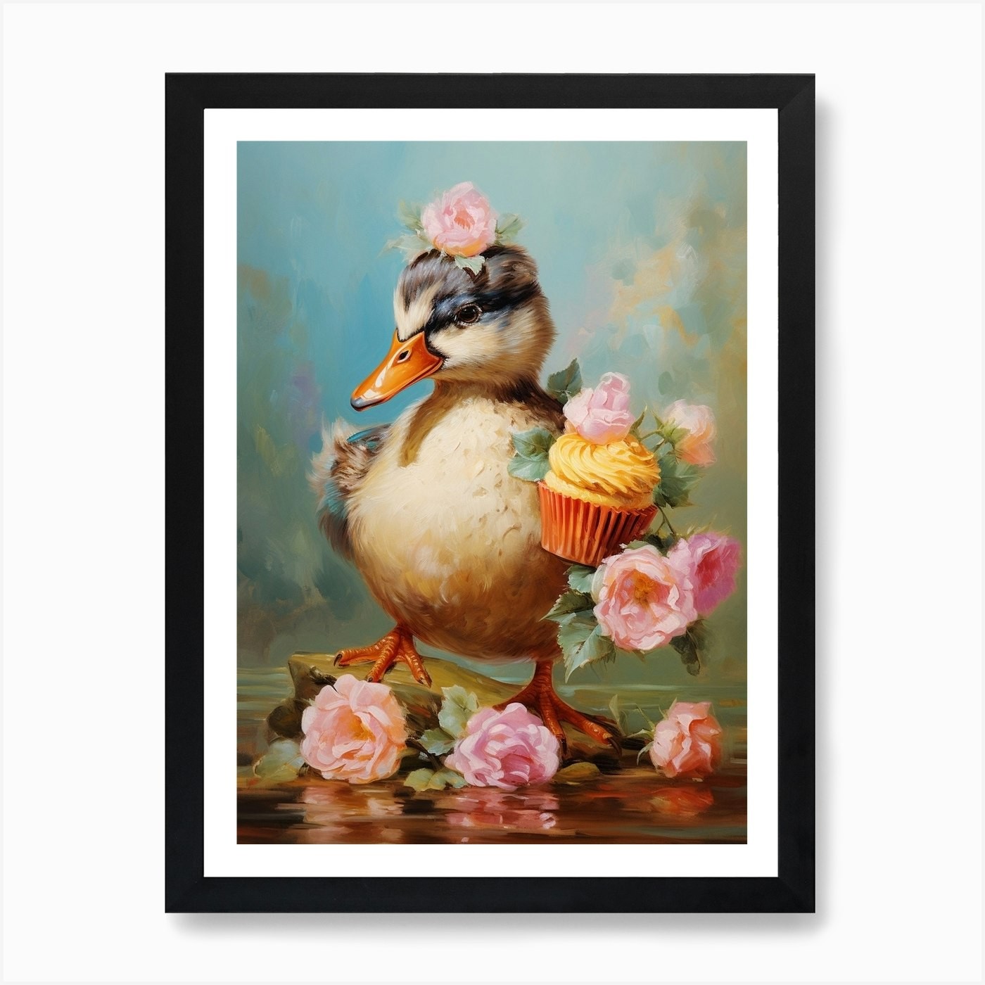 Floral Duckling Cupcake Framed Wall Art Canvas Print-image