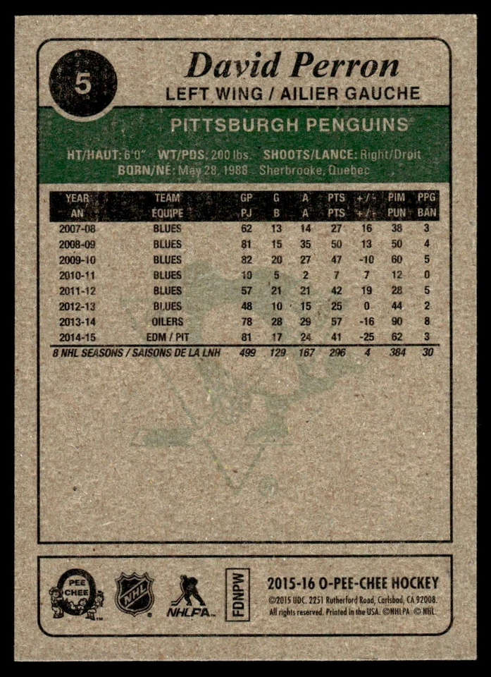 2015-16 O-Pee-Chee Retro David Perron Pittsburgh Penguins #5 - Image 2 of 2