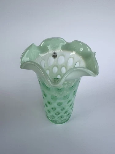Fenton Green Optic Coin Dot Opalescent Glass Vase 8"