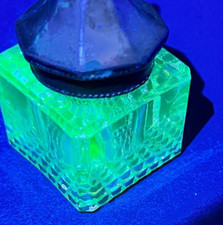 Antique Victorian Inkwell Pressed Mold Glass Cast Metal Lid Glows