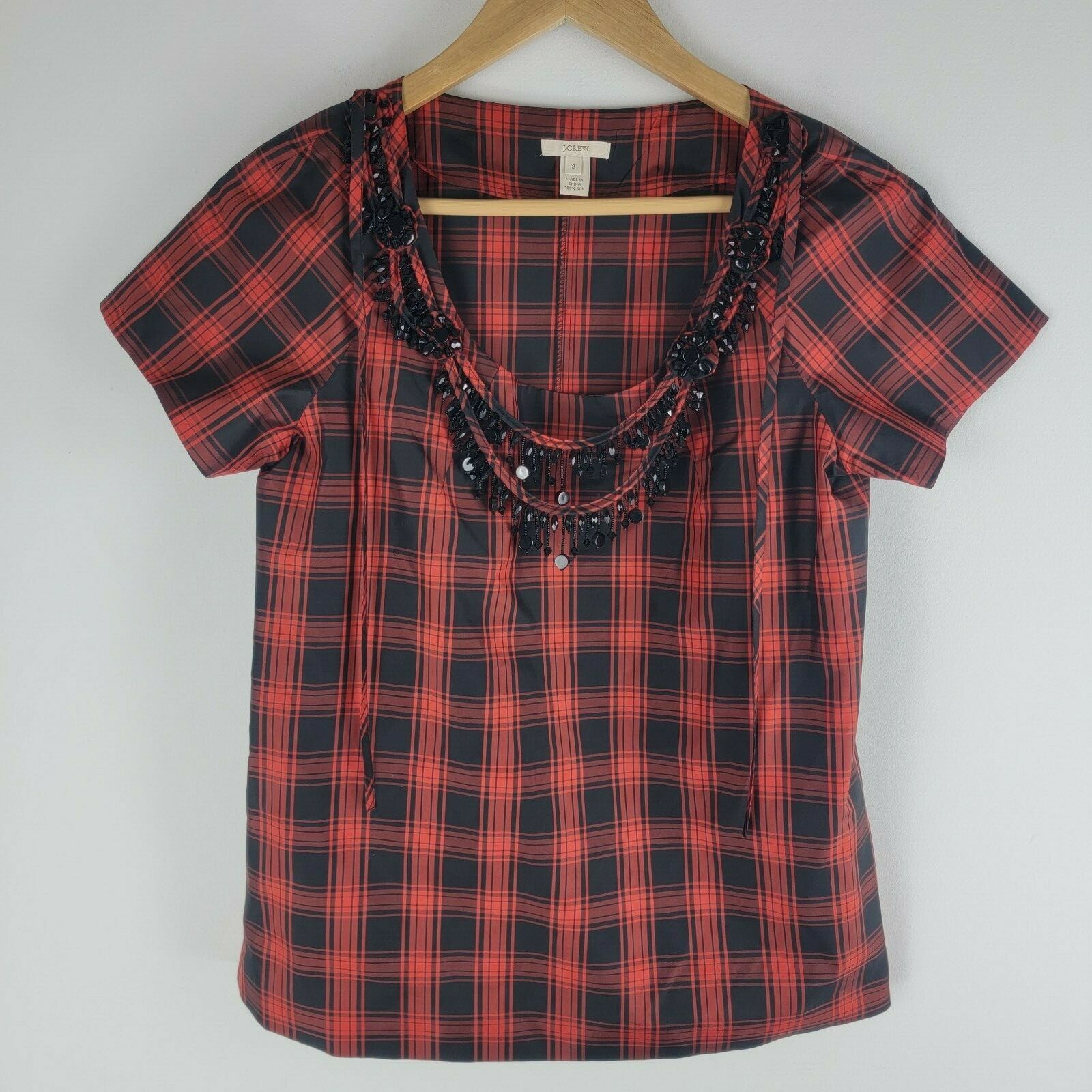 J Crew Women's Eliza Silk Blouse with Tartan Red Black Top Necklace Size 2