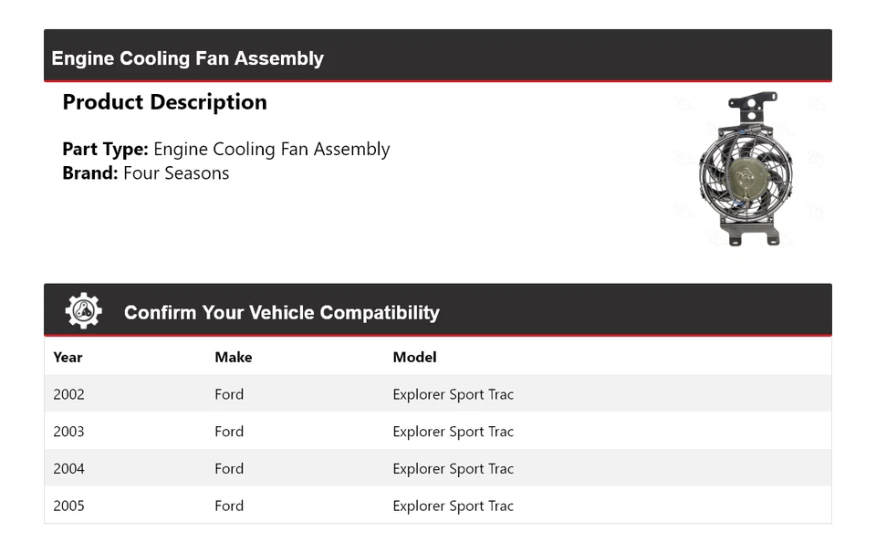 Conjunto de ventilador de refrigeración para motor Ford Explorer Sport Trac 2002-2005 4 estaciones Foto 2 de 4