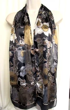 Vintage Cejon Brown Black White Floral Rectangular Scarf 9" x 63"