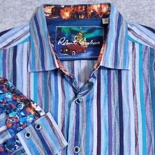 ROBERT GRAHAM MENS SHIRT XL CHRISTMAS TREE HOLIDAY TRUCK LABEL BLUE WAVY STRIPES