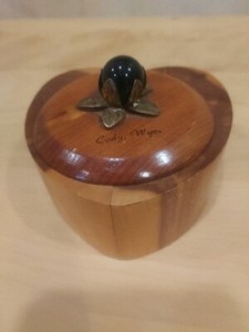 Cody Wyoming Souvenir Trinket Box - Wooden Heart Shaped with Blue/Green Jewel 