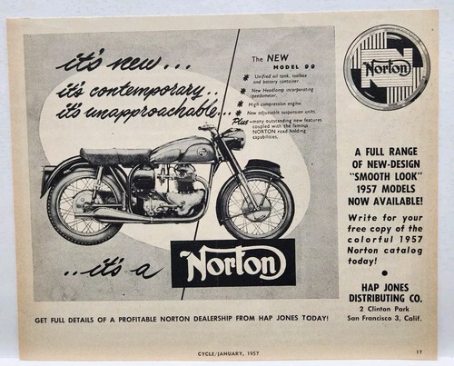 1957 Norton Model 99 Motorcycle Original Print Ad MCM 50s