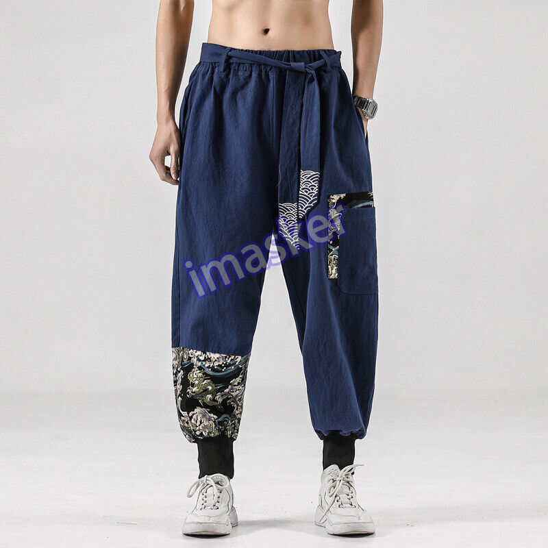 Men Chinese Kung Fu Pants Tai Chi Cotton Linen Harem Trousers Wushu Arts Loose