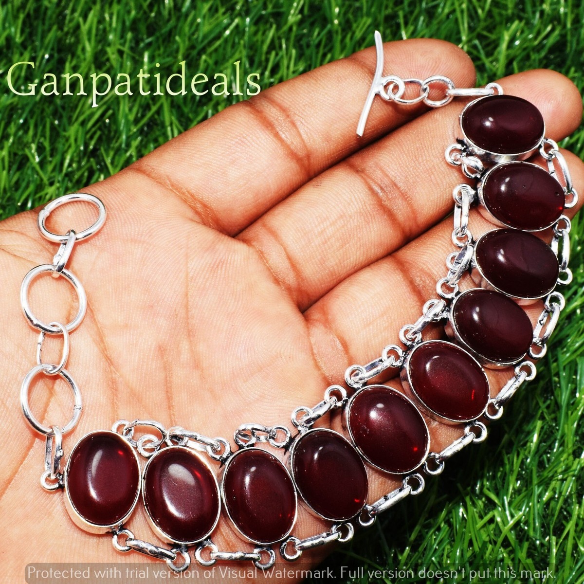 Garnet Gemstone Fashion Big Bracelet 925 Sterling Silver Plated Jewelry