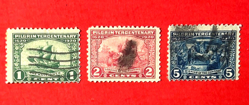 US Sc#548-550 1920 Pilgrims Tercentenary Used VLH marks Fine (10-364)
