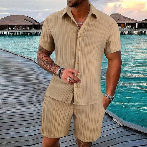 Conjunto de 2 trajes informales de manga corta y pantalones cortos de verano para hombre❤ - Imagen 12 de 23