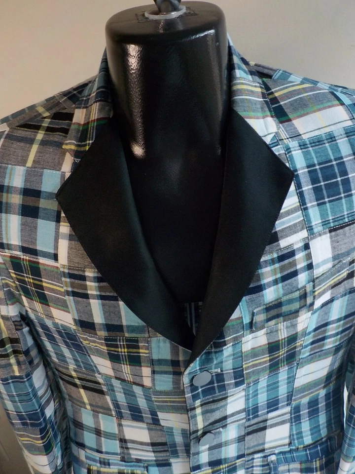 MARLON GOBEL Mens Plaid Patchwork Tuxedo Themed Suit Jacket 36 Pants 32X31 - Image 2 of 4