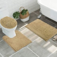 ITSOFT 3pc Non-Slip Chenille Bathroom Mat Set - 24x21" U-Shaped, Beige