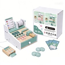 Wooden Toy Cash Register Solid Wood Water-Based Paint Safe Rounded Edge Toddler