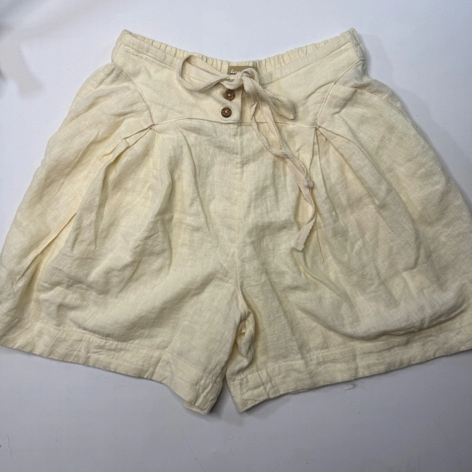 Nwt Free People Yellow Linen Blend Pleated Drawstring Shorts Relaxed Fit XS TP