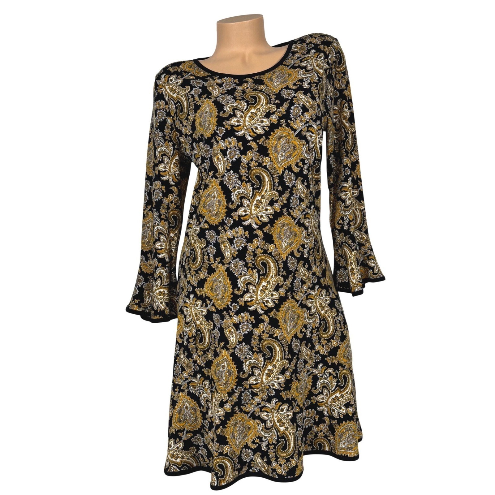Michael Kors Women's Size Medium Black Yellow Paisley Bell Sleeve Shift Dress
