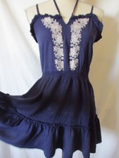 FOREVER 21 Short Dress S Dark Blue Ruffle hem Strappy Sleeveless embroidered