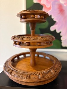 Vintage Hand-Carved Monkey Pod 3-Tier Serving Lazy Susan