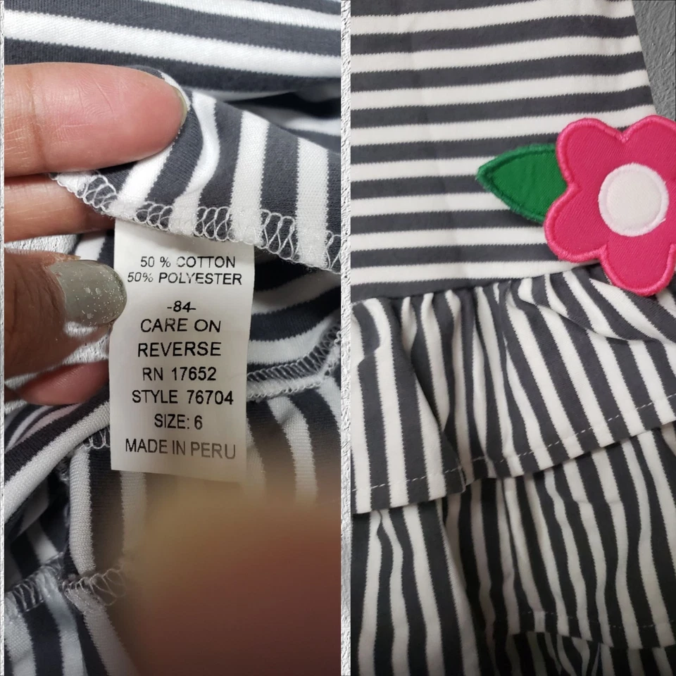 Vestido Florence Eiseman Niñas Flores Gris Oscuro y Blanco Rayas Manga Larga Talla 6 Foto 4 de 4