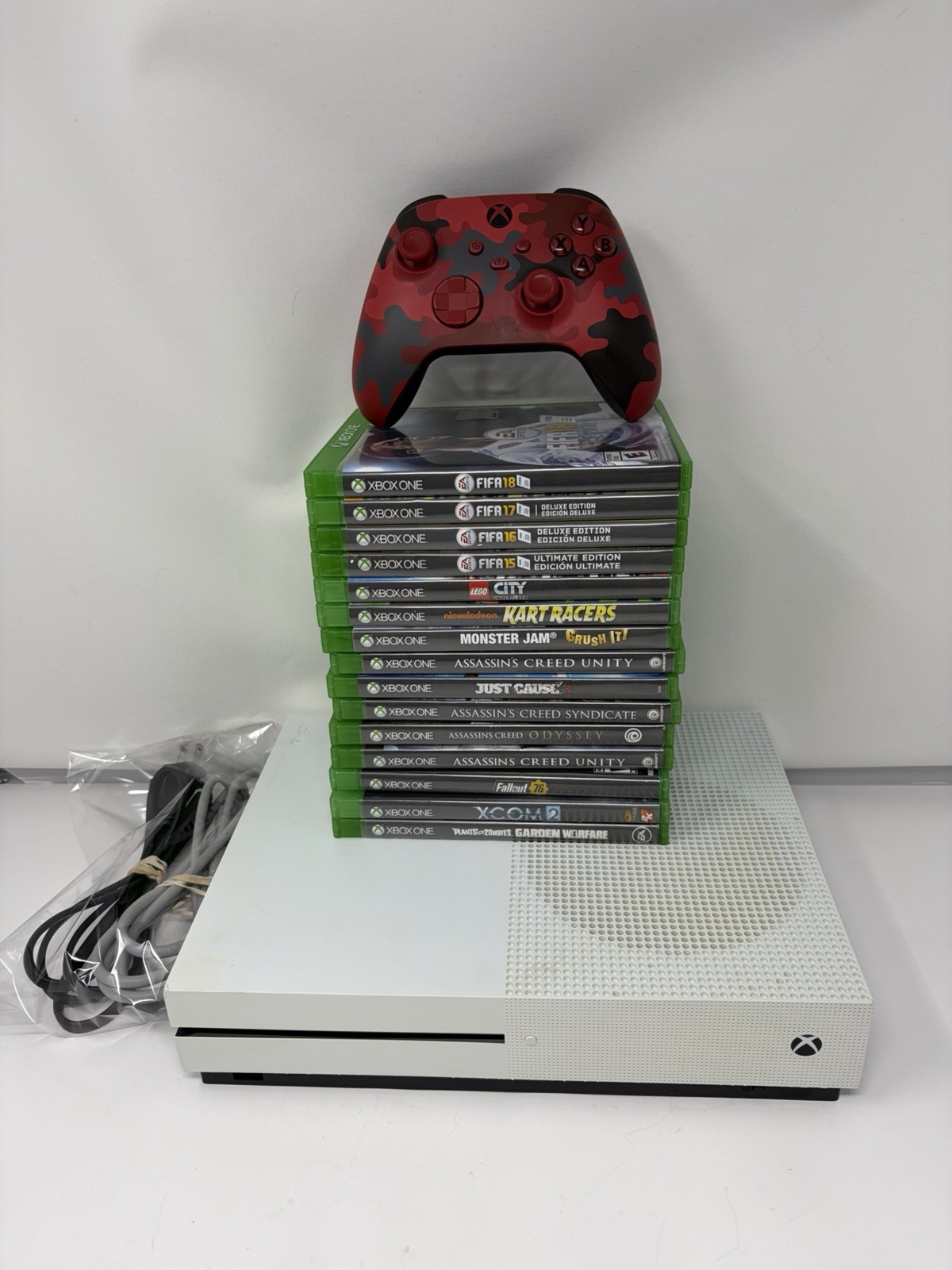 Microsoft Xbox One S 500GB White Console W/ 15 Games & Red C