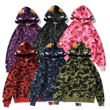 Unisex Camo Shark Zip-Up Jacket - Oversized Plus Size Fleece Embroidered Hoodie