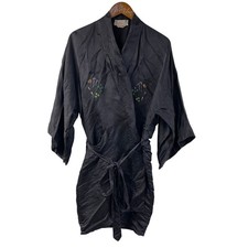 Golden Dragon Embroidered Kimono Robe Black Large Vintage Tie
