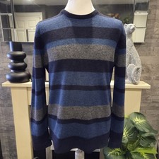 Atlantic Bay BHS Men's Navy Blue Striped Jumper Sweater Size L 100% Lambswool