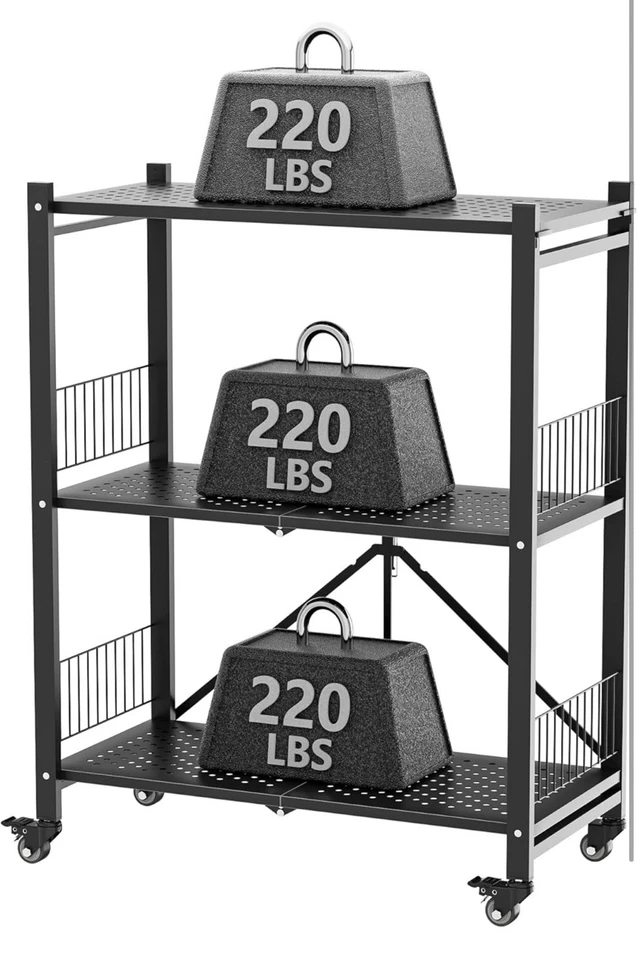 Folding Storage Shelves 3-Tier Metal Foldable Shelf Shelving Rack Rolling Wheel - Image 3 of 4