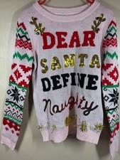 No Boundaries Women's Ugly Christmas Sweater Pink "Dear Santa Define Naughty" L