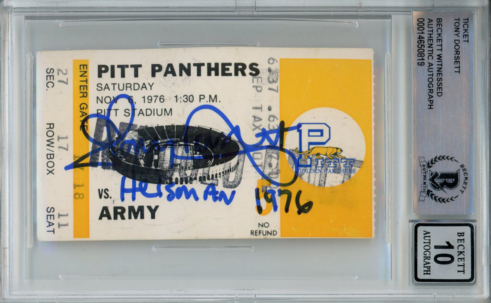 Tony Dorsett Autographed Signed 11/6/1979 Vs Army Ticket Stub Heisman Beckett Slab 39241 