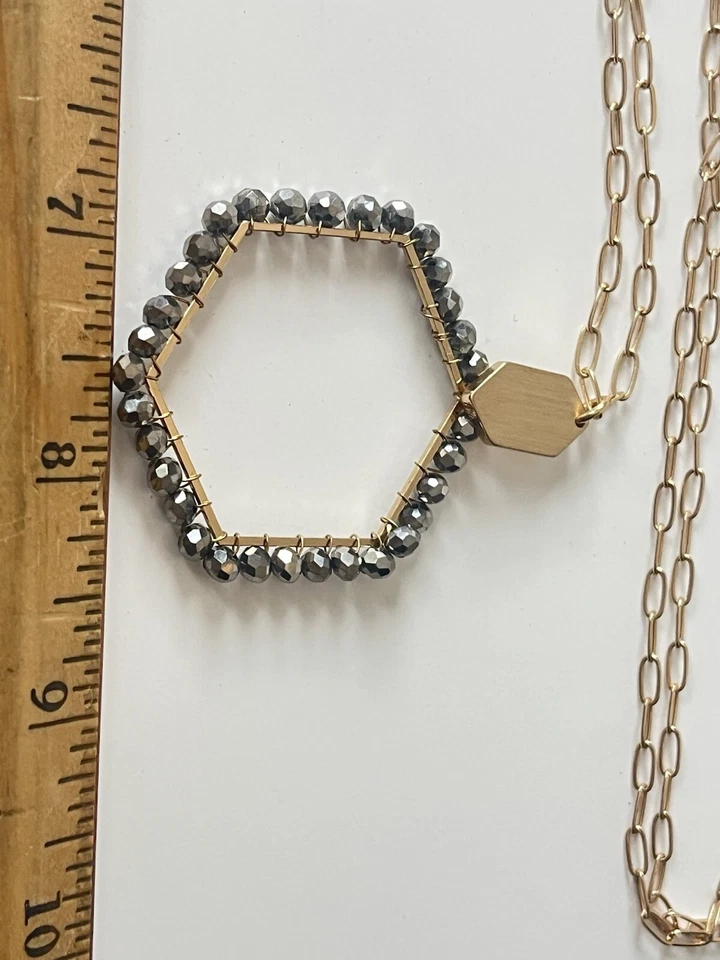 Gold Tone Clear Hematite, Hexagon, Drop Pendant Statement Necklace 34”+ - Image 4 of 4