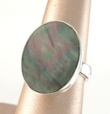 .925 Sterling Silver Abalone Statement Ring size 6.5 Oval Large Rainbow Shell