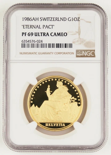 Switzerland  1986 AH 1 Oz 9999 Gold HELVETIA "ETERNAL PACT" COIN NGC PF69 UC GEM