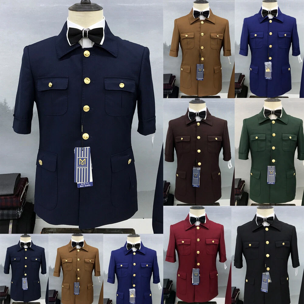 2 Pcs Safari Jacket Men Suits Short Sleeve Gold Button Stand Lapel Summer Wear