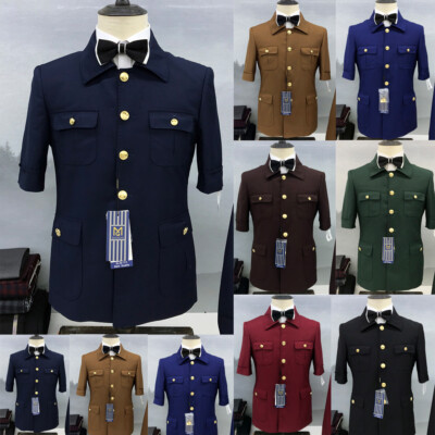 2 Pcs Safari Jacket Men Suits Short Sleeve Gold Button Stand Lapel Summer Wear