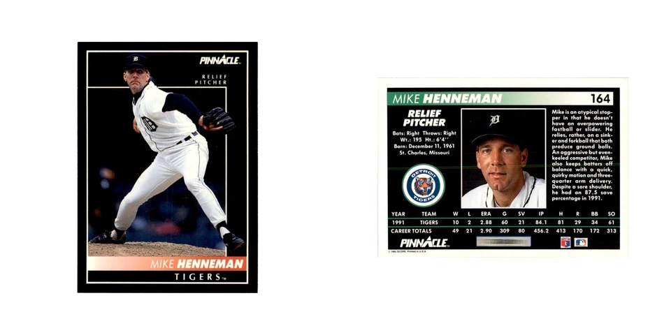 1992 Pinnacle Mike Henneman Baseball Cards #164 - Image 3 of 3