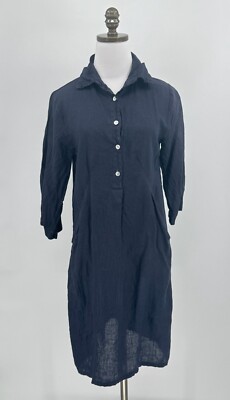 Elena Baldi Womens Blue Linen Collared 3/4 Sleeve Tunic Dress Sz XS