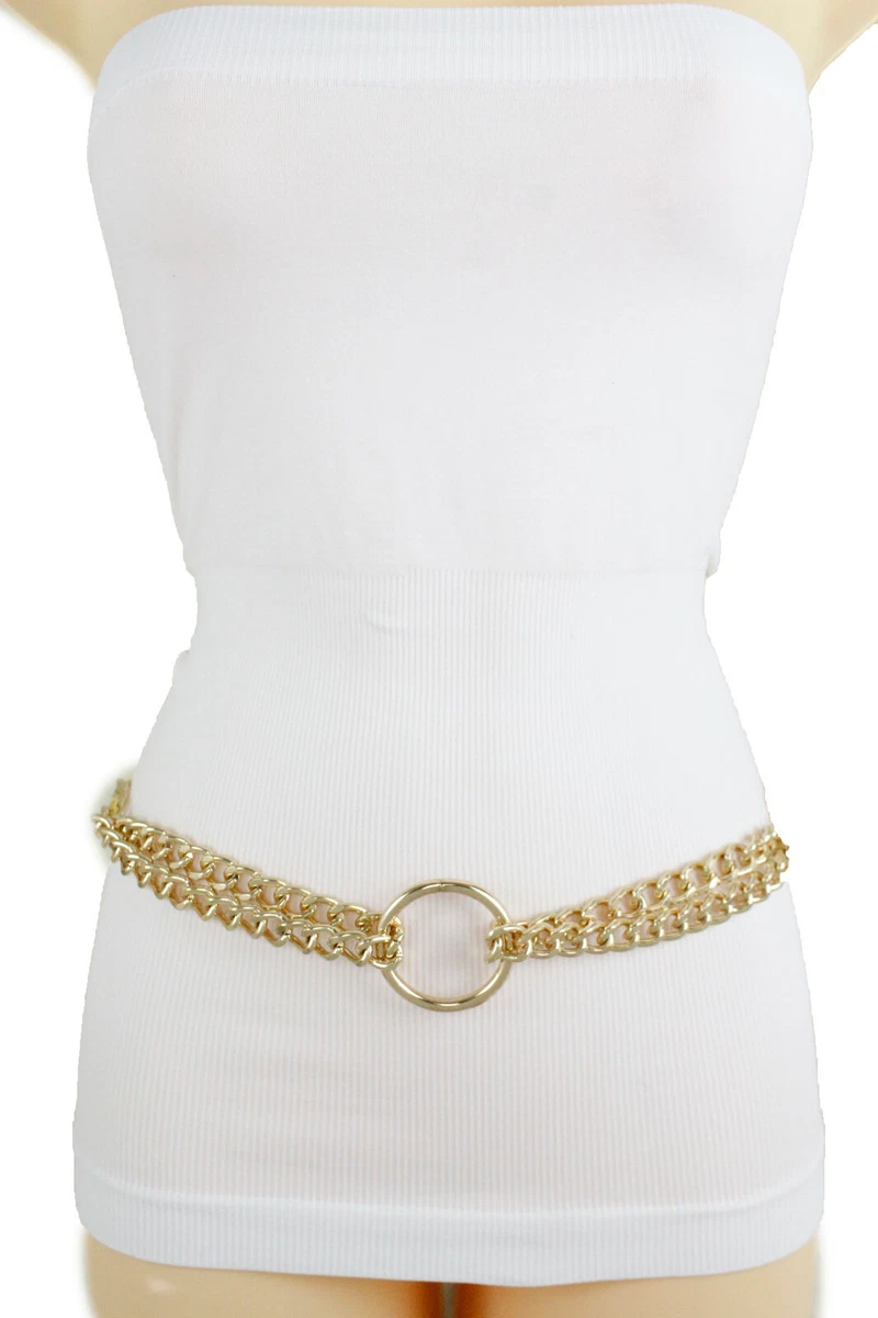 Women Gold Metal Chain Link Center Ring Charm Fashion Belt Golden