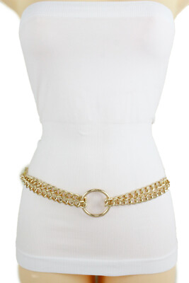 Women Gold Metal Chain Link Center Ring Charm Fashion Belt Golden Color M L  XL